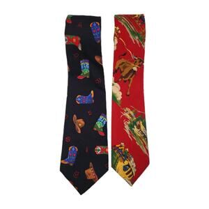 2 VTG Western Rodeo Ties Cowboy Hat Horse Boots Red Black Handmade Southwest USA